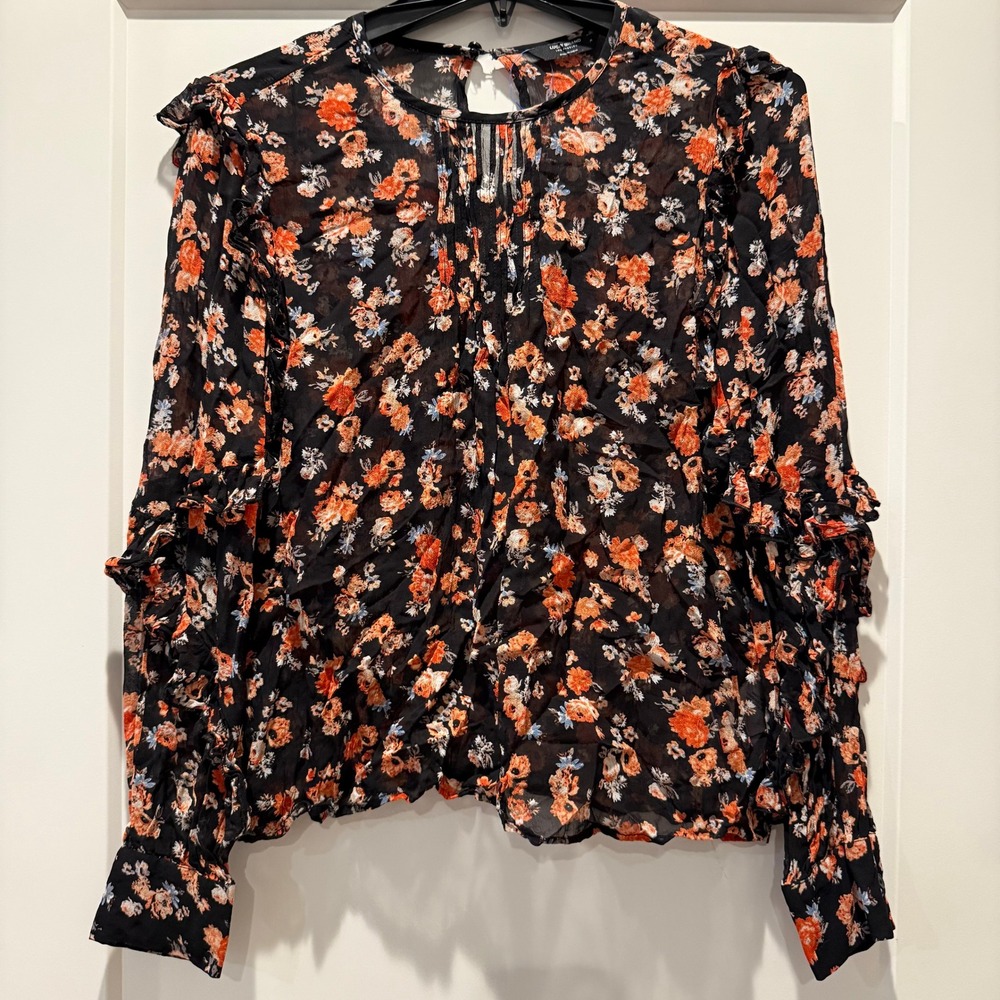 Whimsigoth Boho Lucky Brand Black Floral Sheer Ruffle Blouse Women's M